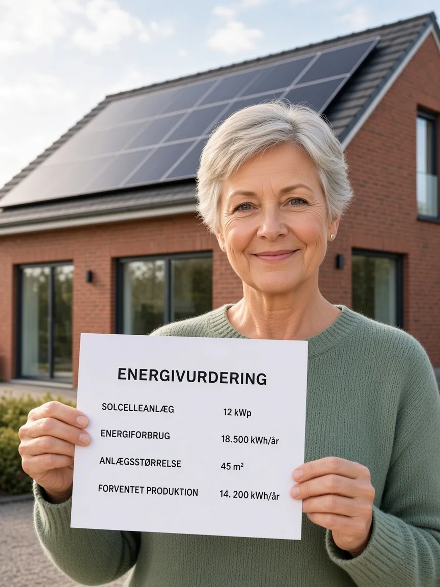 Boligejer med energivurdering til solcelleanlæg foran dansk hus