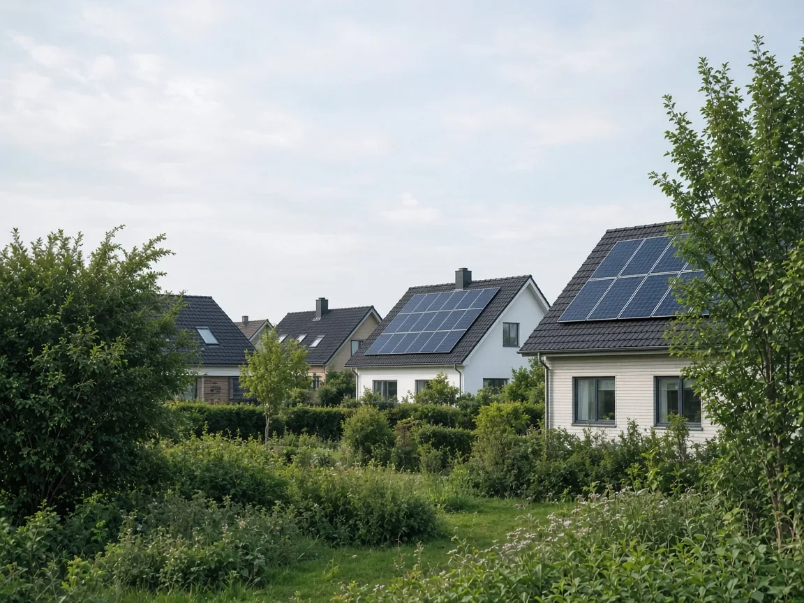Danske boliger med solceller i et grønt boligområde